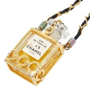 Chanel No. 5 Perfume Bottle Motif Necklace in Clear, Gold, and Black Glass wi...